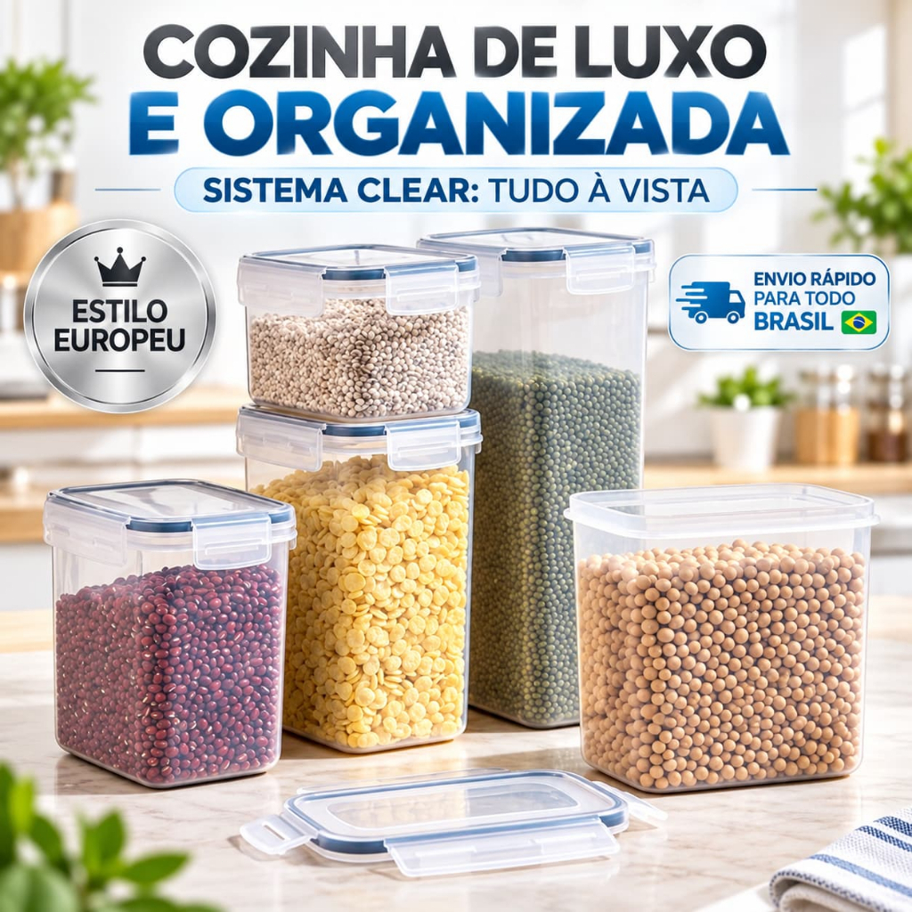 Pote Hermético com Vedação de Silicone, Recipiente Transparente Empilhável para Despensa, Kit Organizador de Armário