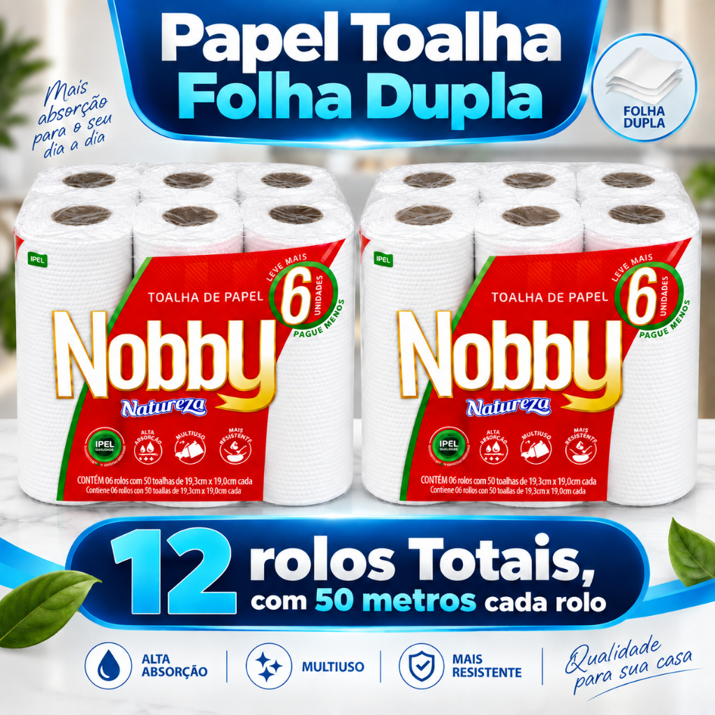 Papel Toalha Cozinha Natureza Folha Dupla 2 Pacotes C/ 6 Rolos cada