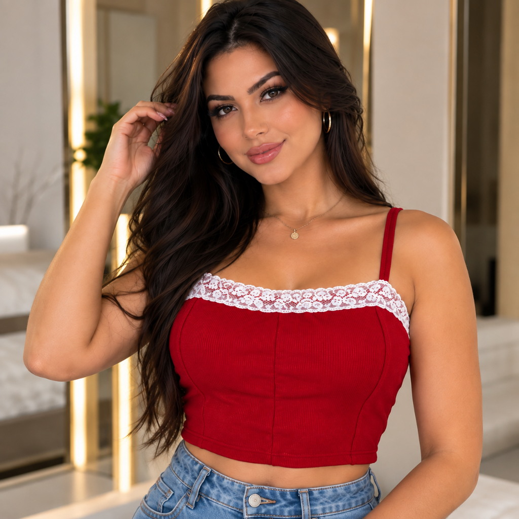 Kit 2 Blusinhas Feminina cropped Alcinha com Renda Tecido Canelado estilosa elegante blusa