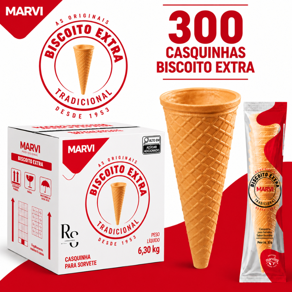 300 Casquinhas Biscoito Extra Marvi - Para Sorvetes e Cones Trufados - 1,05Kg