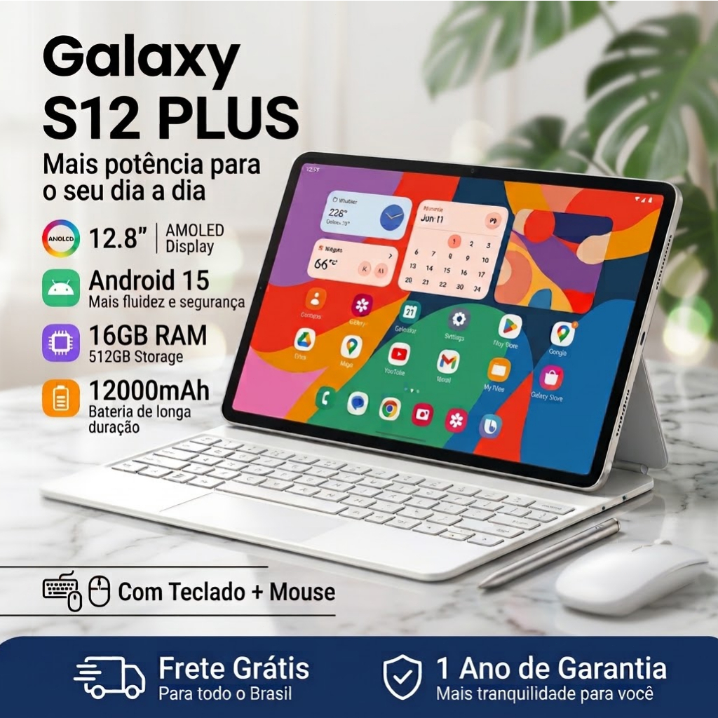 Tablet Galaxy S12 Plus Tela 12.8" com Teclado e Mouse 16GB RAM 512GB WiFi/Bluetooth Android 15