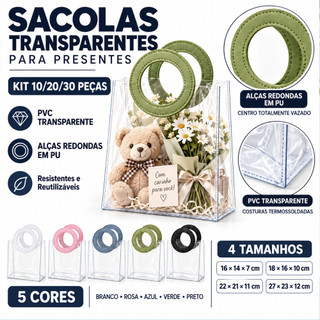 Embalagem Transparente de PVC para Presente com Alça Redonda Couro Sintético Kit 10/20/30 Unidades