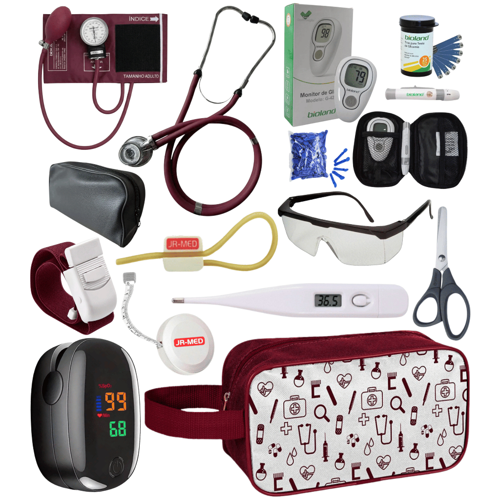 Kit Enfermagem Esfigmomanometro + Estetoscópio Duplo com Oximetro + Medidor de Glicose BIOLAND - VINHO ROSA PRETO AZUL