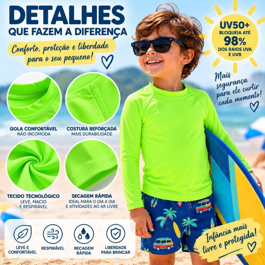 Camiseta de Piscina Térmica Infantil Juvenil Menino Menina Proteção Solar UV50+ Piscina Praia Verão