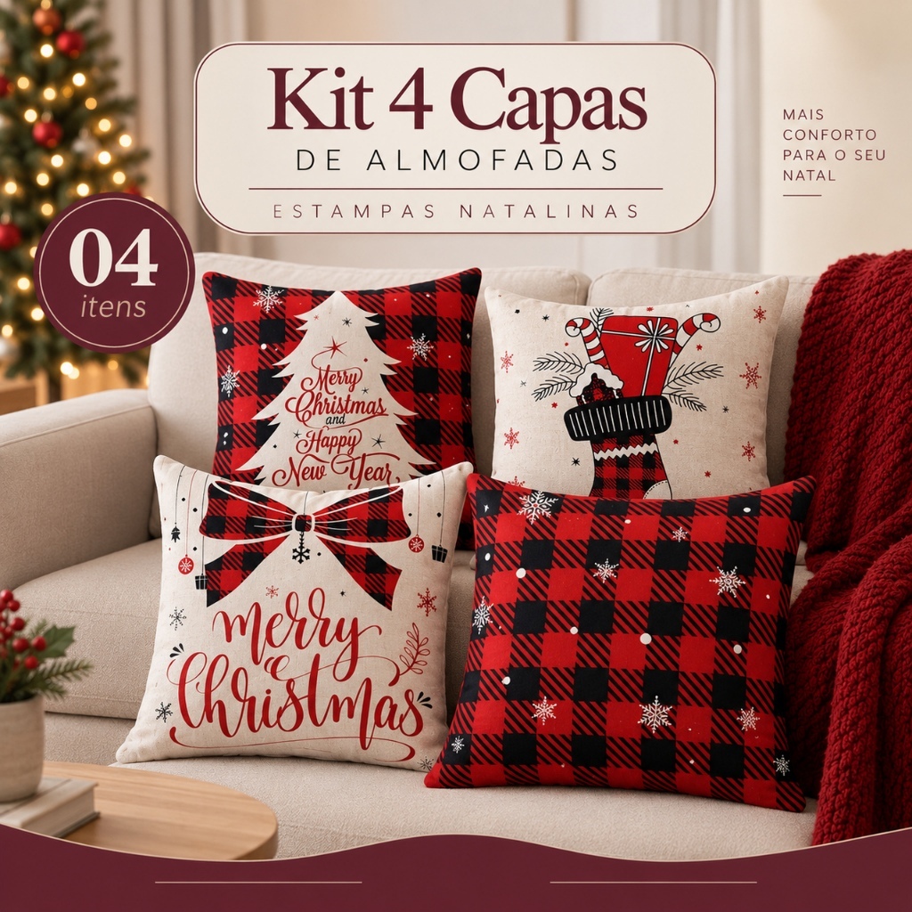Kit Decorativo com 04 Capas de Almofadas Natalinas