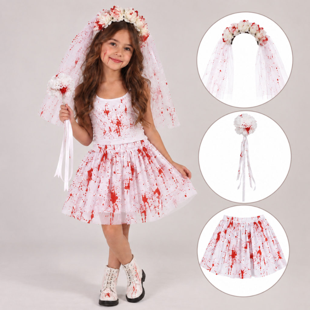 Fantasia Noiva Cadáver Sangrenta Infantil Halloween Dia das Bruxas Kit Festa Cosplay Sangue Terror Saia Tiara Véu Buque