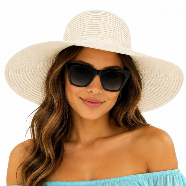 Chapéu de Praia Aba Grande Feminino e Óculos de Sol Grande Proteção UV Preto para Piscina Resort Passeios ao Sol Viagens