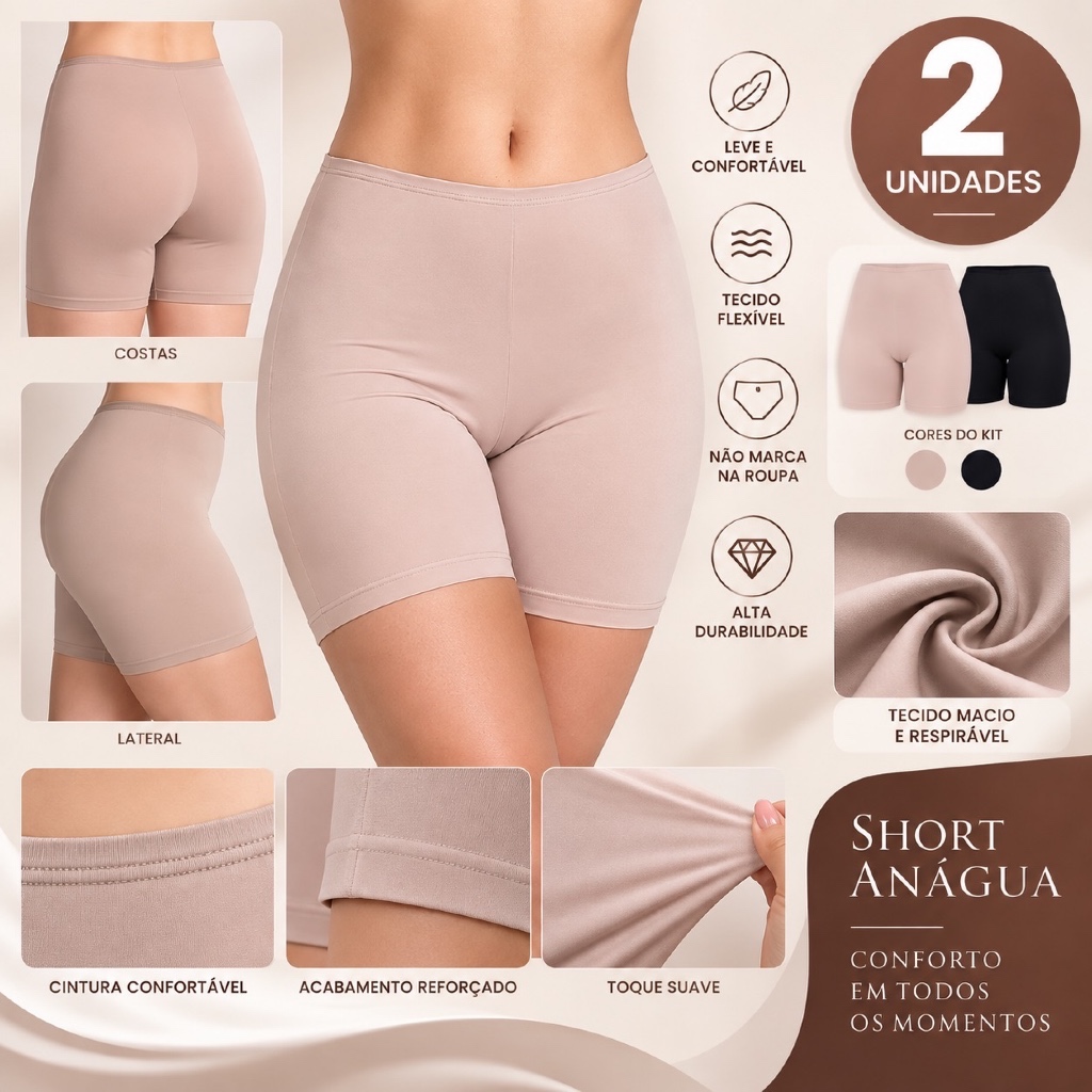 Kit 2 Short Anágua Feminino Segunda Pele Antiatrito Confortável Para Usar Sob Vestido Saia