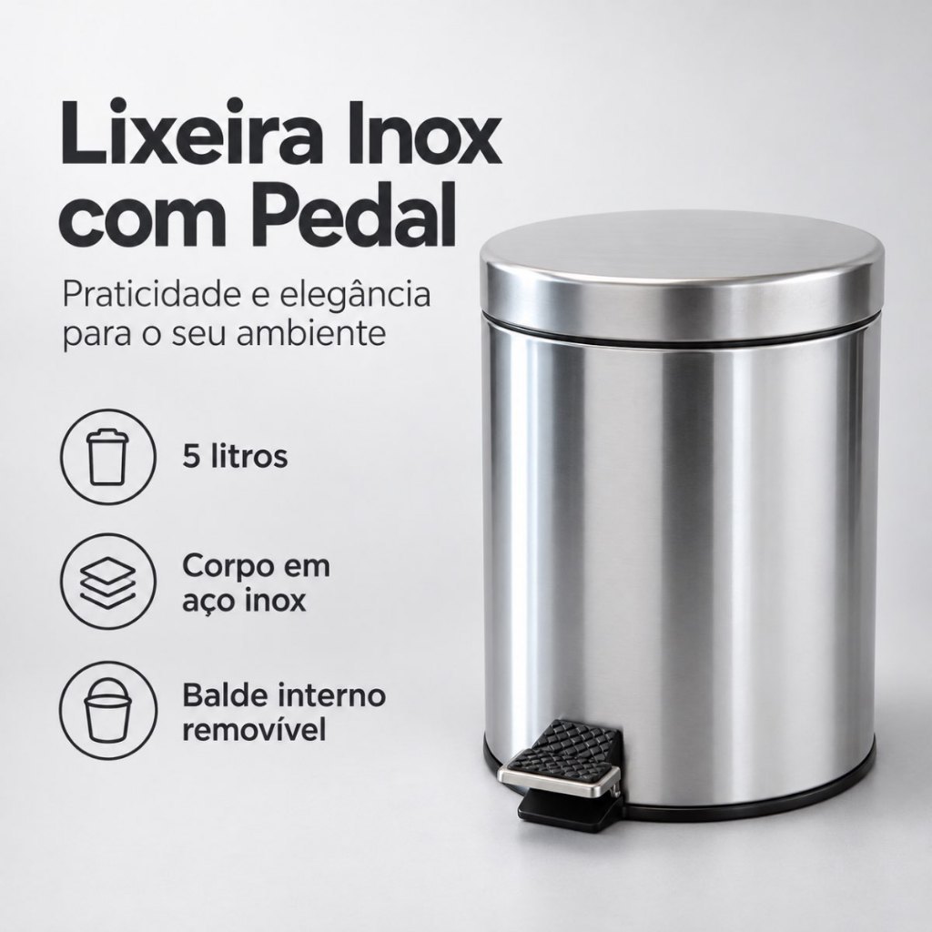 Lixeira Inox 5 Litros Com Pedal Alça Cesto Removível Banheiro Cozinha Lavabo Escritório Durável