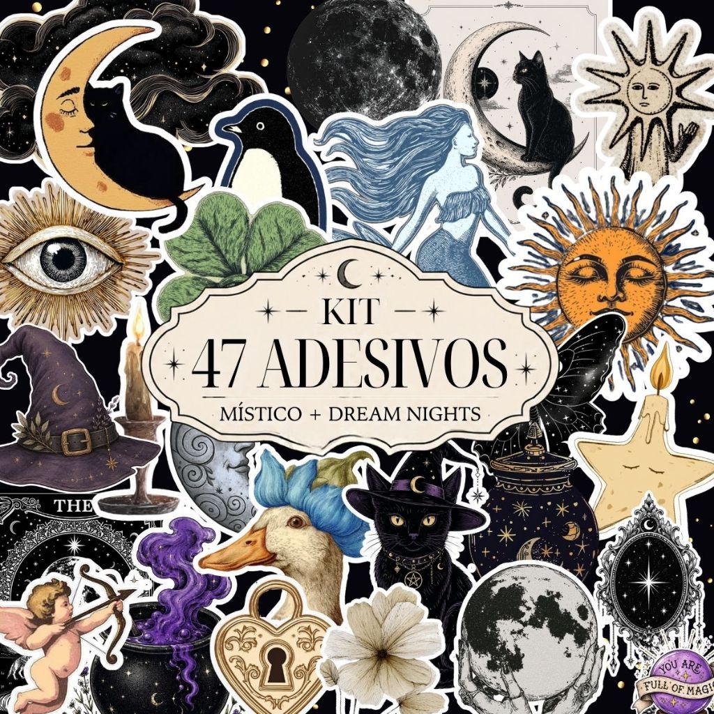 Kit 47 Adesivos Mystic Nights À Prova d’Água para Kindle Journal Scrapbook Personalização Stickers Estrela Lua
