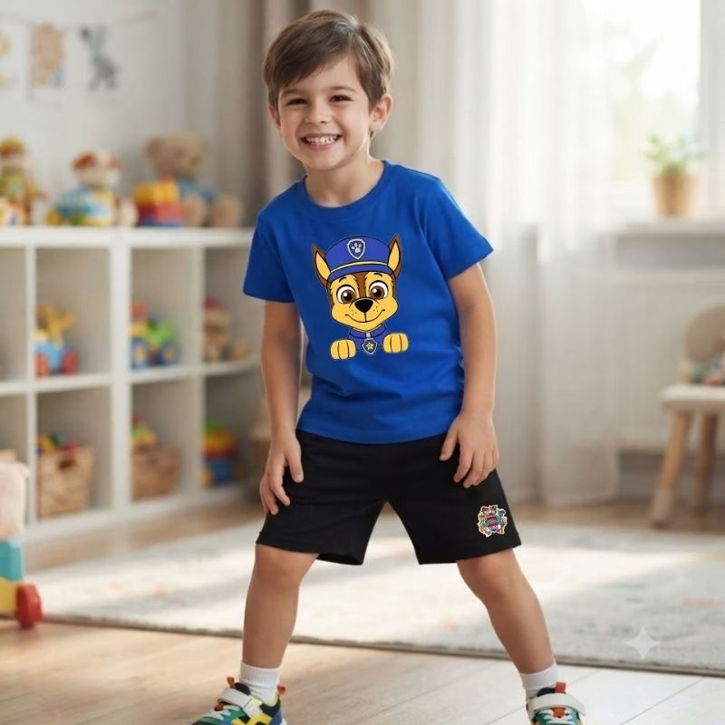 Conjunto Infantil Meninos Short Bermuda Moletom e Camiseta Algodão Patrulha Canina