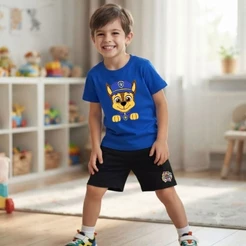 Conjunto Infantil Meninos Short Bermuda Moletom e Camiseta Algodão Patrulha Canina