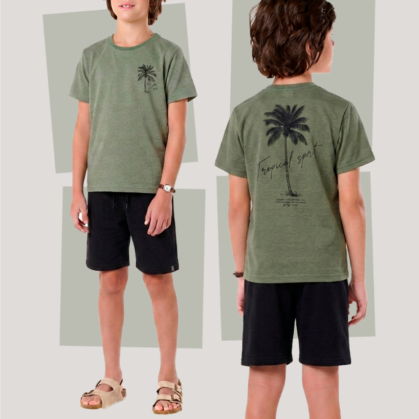 Conjunto infantil verão menino camiseta malha texturizada e bermuda moletinho