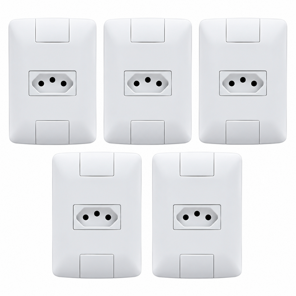 Kit 5 Conjunto Placa Tomada Tramontina Linha Aria Branco 10A 250V Casa Escritório Construção Iluminação
