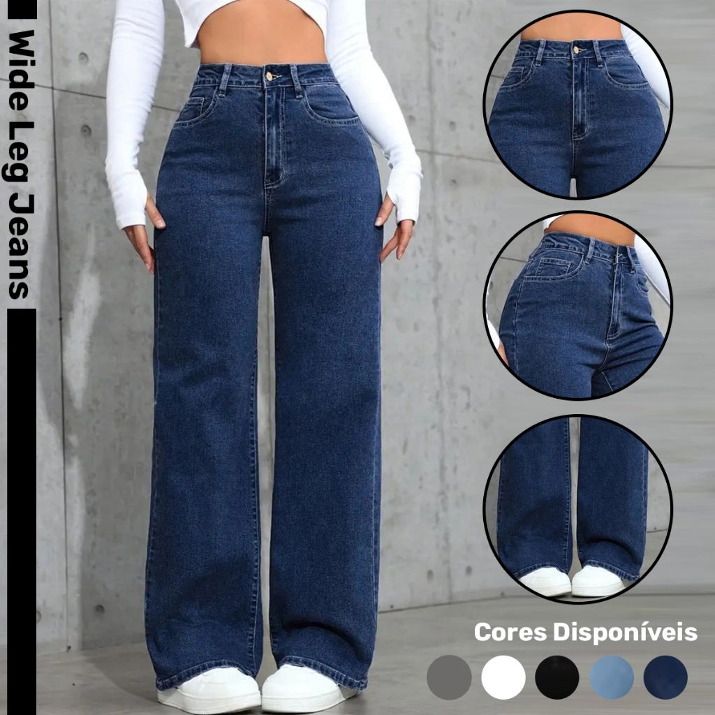 Calça Wide leg Jeans Feminina cintura Alta Tendência Moda Casual