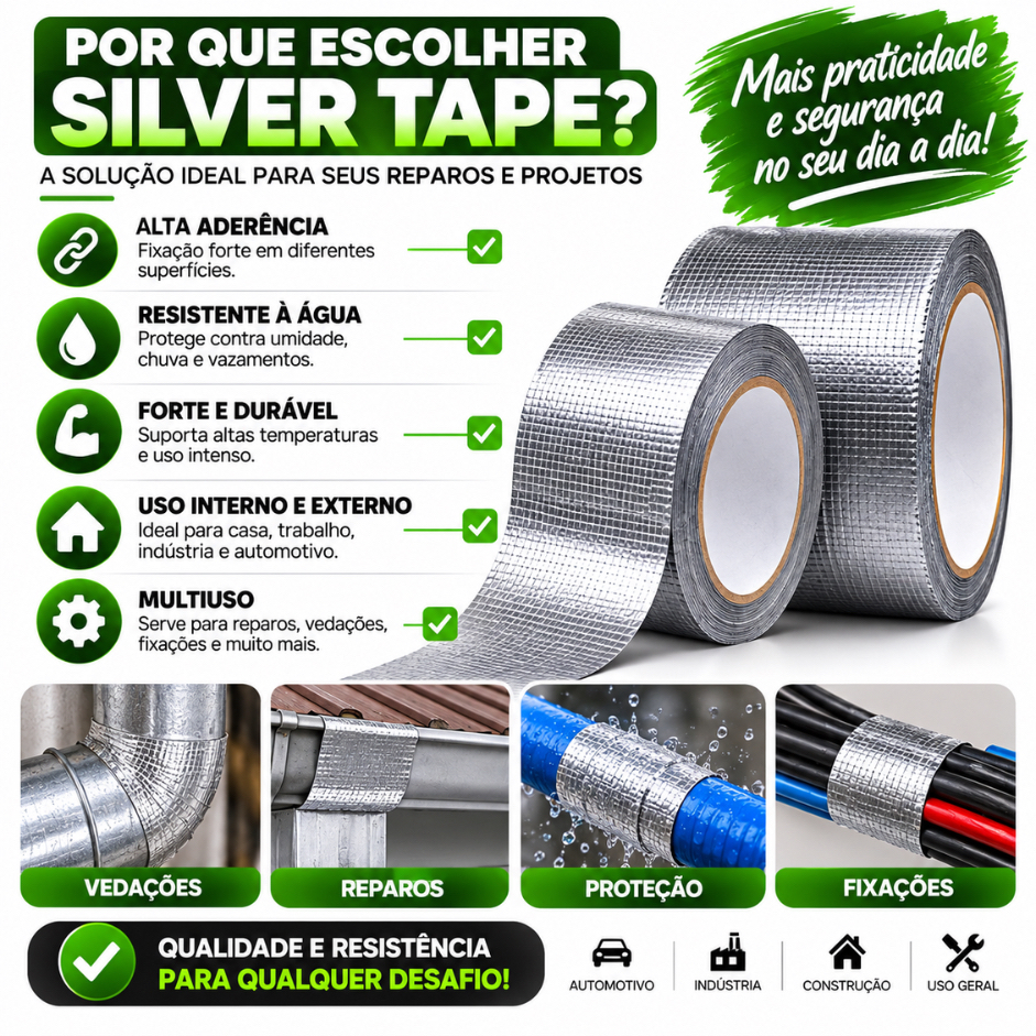 Fita Adesiva Silver Tape 10m x 45mm Extra Resistente Multiuso para Reparos 1 2 3 4 ou 6 Unidades