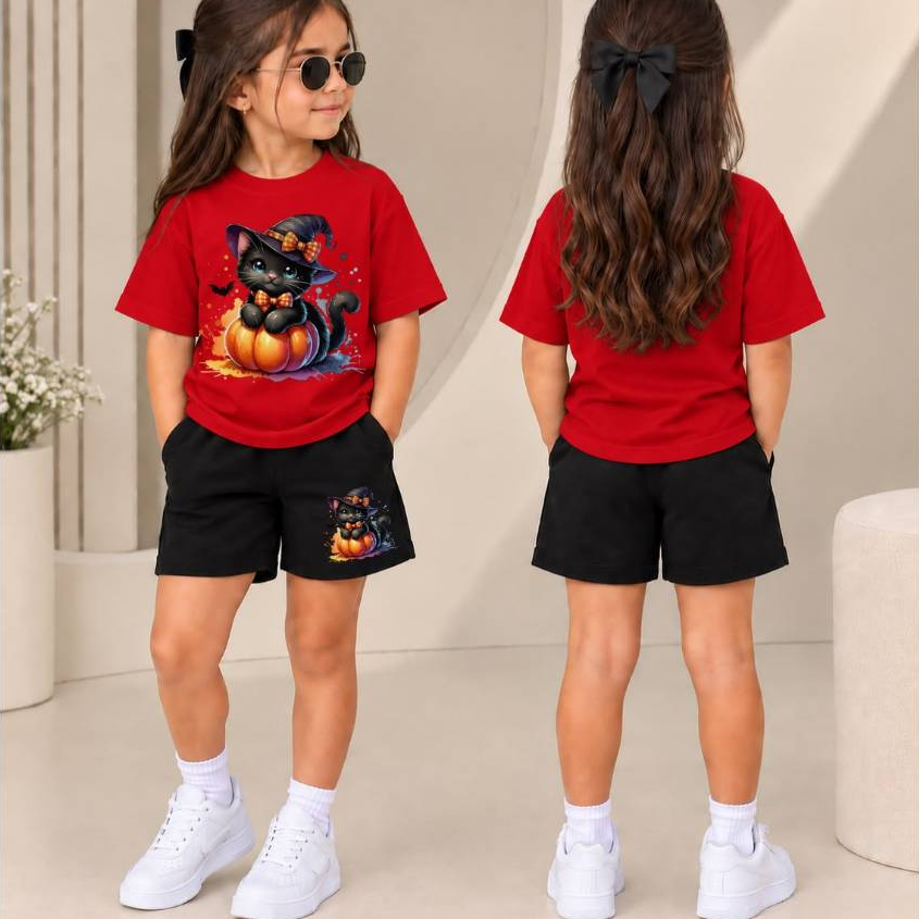 Conjunto Infantil Feminino Camiseta Básica e Short Moletom com Estampa de Gatinha e Abóbora, Confortável