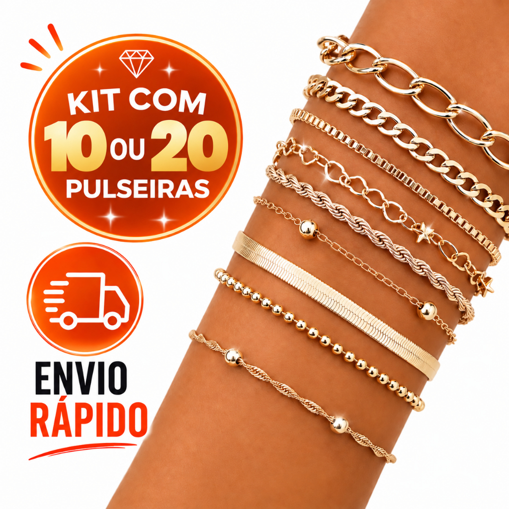 Kit Pulseiras Femininas Aço Inoxidável 10 ou 20 Unidades Mix Elegante Dourada ou Prata