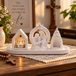 Kit Decorativo Natal Presépio, Sagrada Família Arvore Natal Gruta e Casa Porta Vela Enfeite Decoração Presente