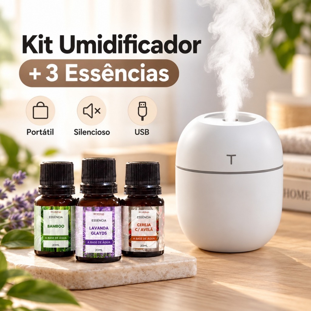Kit Umidificador Aromatizador De Ar Doméstico Portátil Difusor De Escritório + 3 Essências 20ml