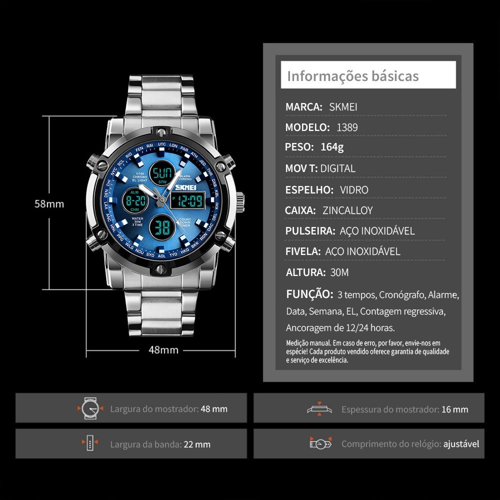 SKMEI 1389 Relogio Masculino Analogico e Digital Casual Relógio de quartzo com pulseira de aço inoxidável e LED digital · foto 2