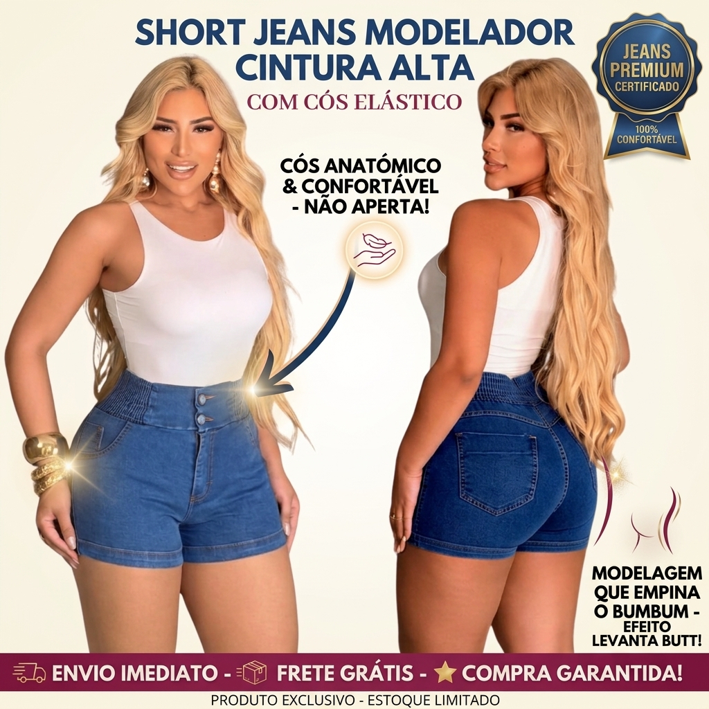 Short Jeans Feminino Cintura Alta Com Elástico No Cós Botões Modela Bumbum Jeans Claro Verão Confortável