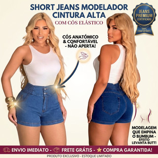 Short Jeans Feminino Cintura Alta Com Elástico No Cós Botões Modela Bumbum Jeans Claro Verão Confortável