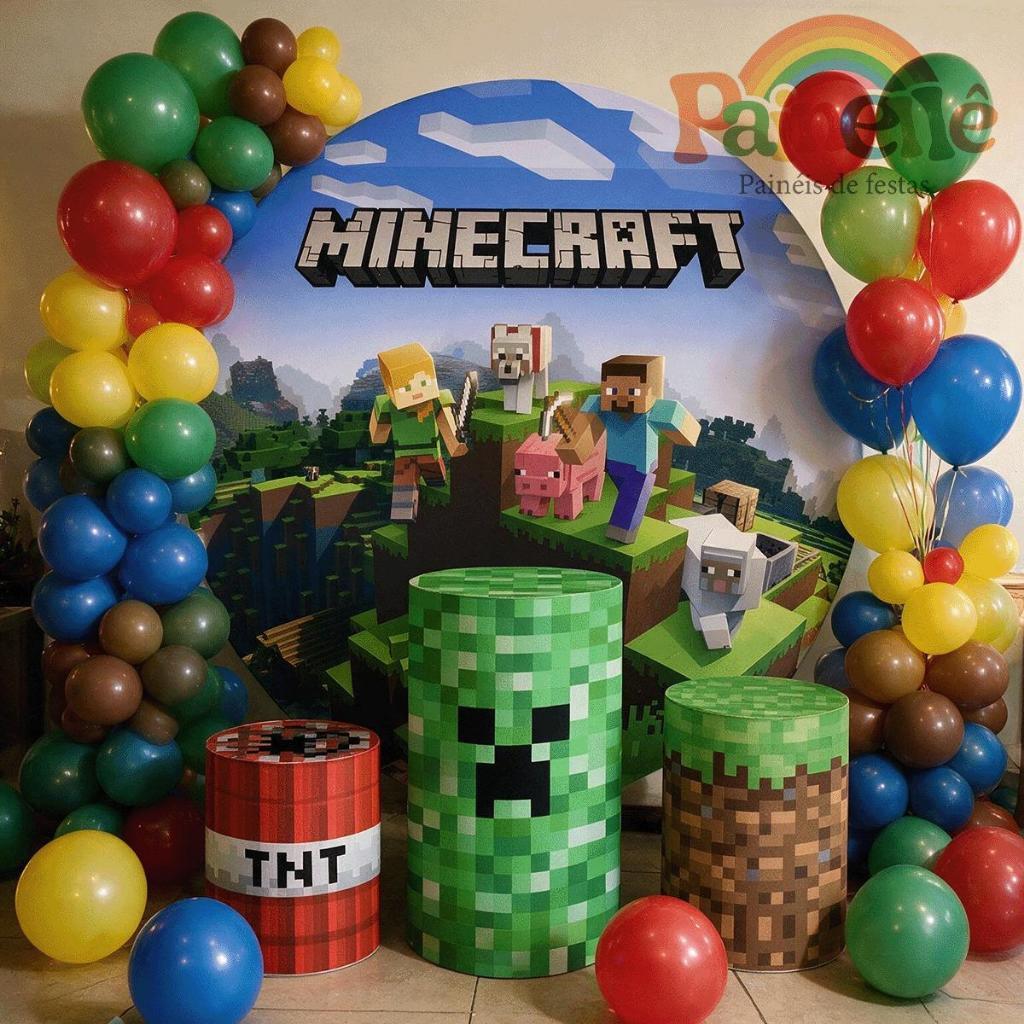 Kit Festa Painel Minecraft Redondo + Trio Cilindros Decoração Infantil