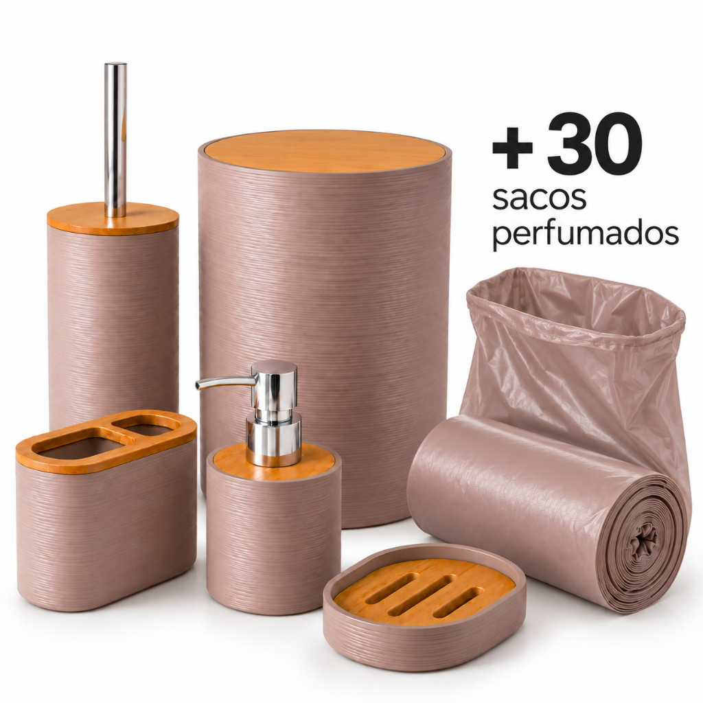 Kit Banheiro Acessórios 6 Peças Lixeira Banheiro Bambu Sabonete Porta Sabonete Líquido Dispenser Escova Sanitária