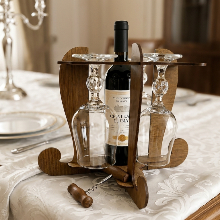 Adega Suporte de 4 taças e Vinho ou Espumante 1L para Mesa Em Madeira MDF