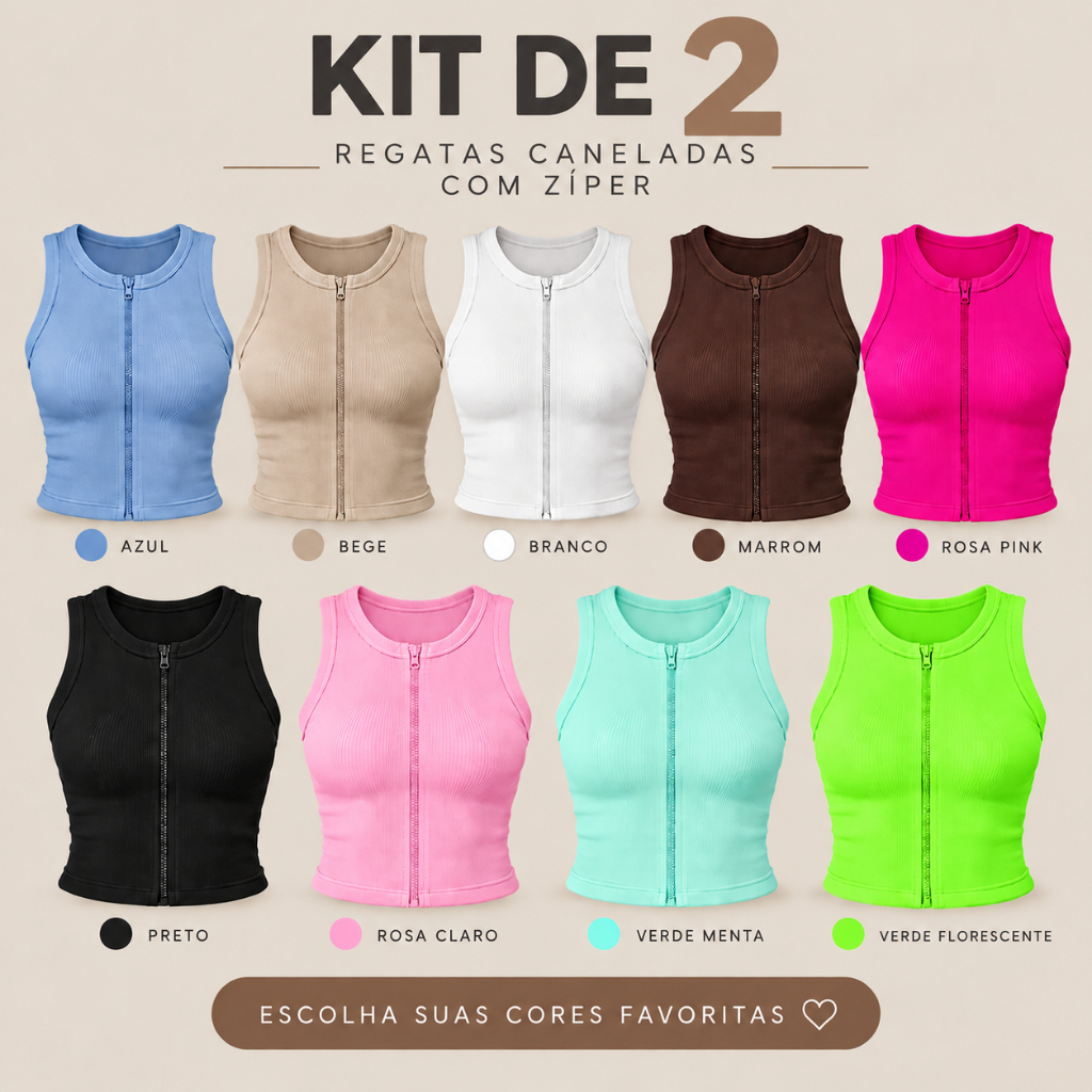 Kit 2 Regatas Femininas Caneladas com Ziper Poliamida Confortaveis Versatil Academia Treino Fitness