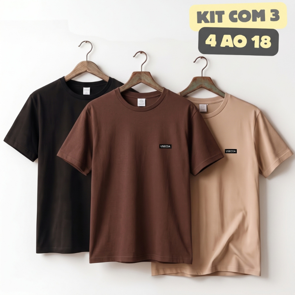Kit 3 Camisetas 100% Algodão Infantil Juvenil Masculino Adolescente Manga Curta Lisa Básica