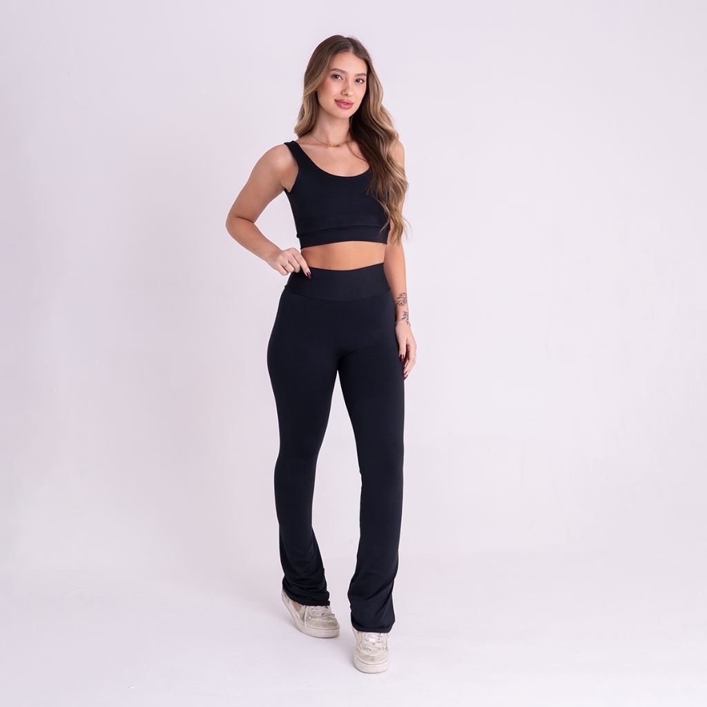 Calça Flare + Top Zero Transparência Conjunto Fitness Feminino Leg Cintura Alta Academia Confortável