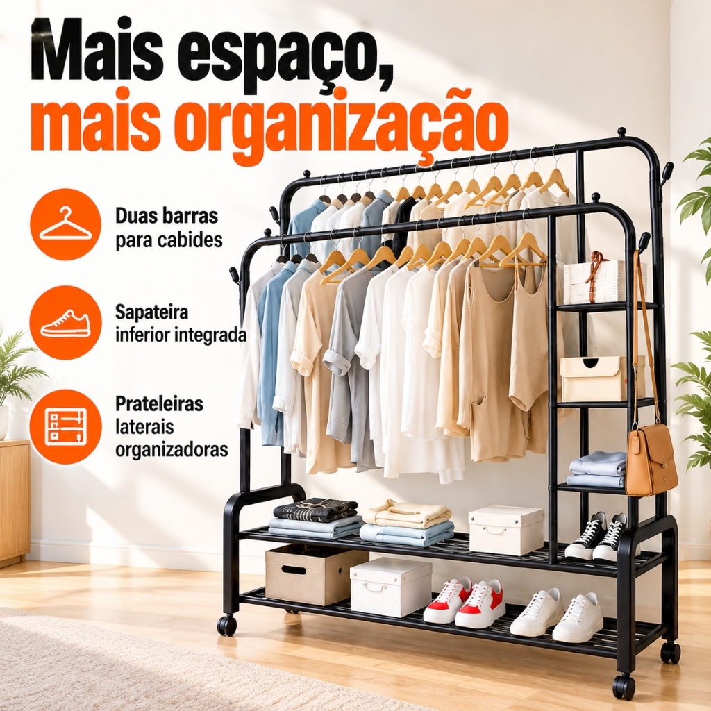 Arara de Roupas Dupla Cabideiro Grande Com Sapateira Closet Aberto Cor Preta