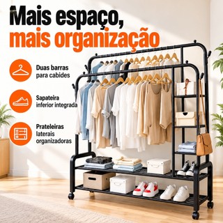 Arara de Roupas Dupla Cabideiro Grande Com Sapateira Closet Aberto Cor Preta