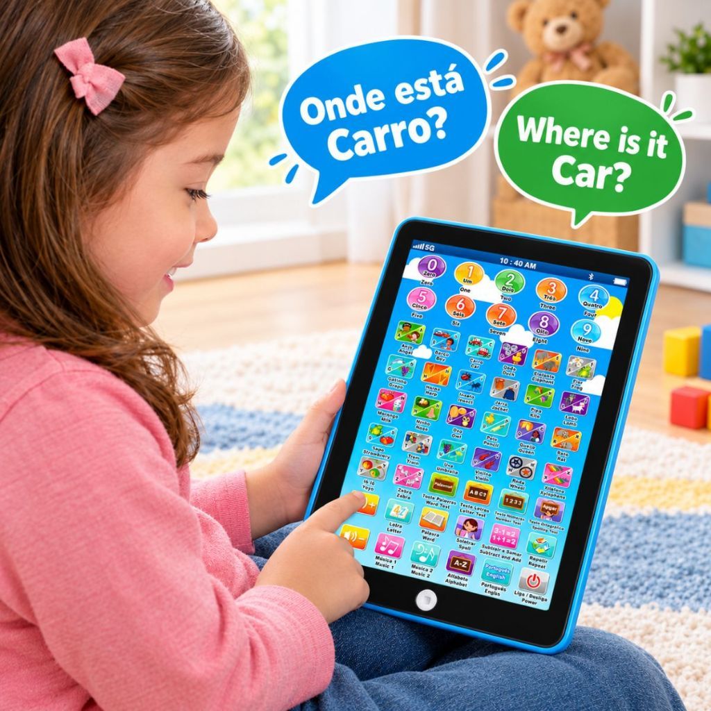 Tablet Infantil Bilíngue Educativo Musical Português Inglês Brinquedo Didático Soletrar Palavras