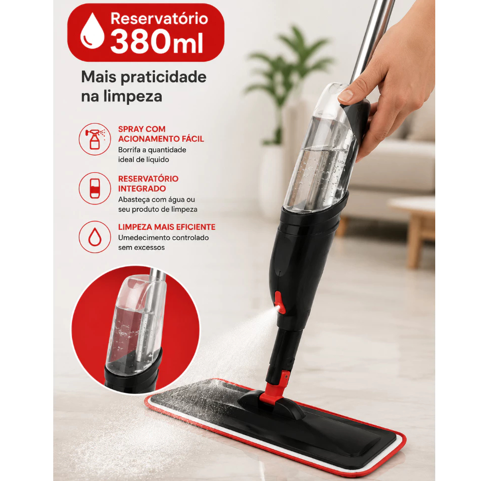 Mop Spray 380ml com Reservatório e Refil de Microfibra Lavável Esfregão para Limpeza Piso Casa Cozinha Lavável Prática