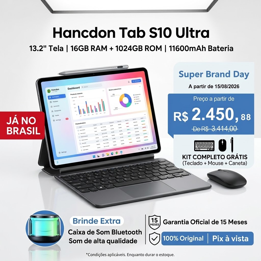 Hancdon Tab S10 Ultra--2 em 1 Gemini AI | Tela 13.2" 120Hz FHD | 16GB RAM + 1TB | Snapdragon | Bateria 11600mAh