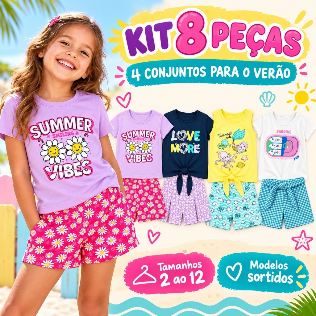 Kit Sortido 8 Peças de Roupas Infantil Menina 4 Camisetas + 4 Shorts - Kit com 4 Conjuntos de Roupa Infantil Verão