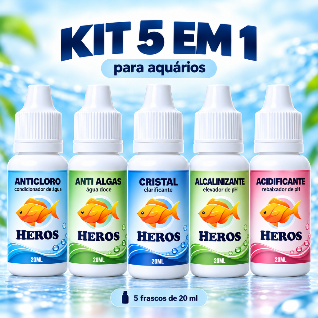 Kit Tratamento de Água para Aquário de Peixes - Anticloro - Alcalinizante - Clarificante - Acidificante - Algas