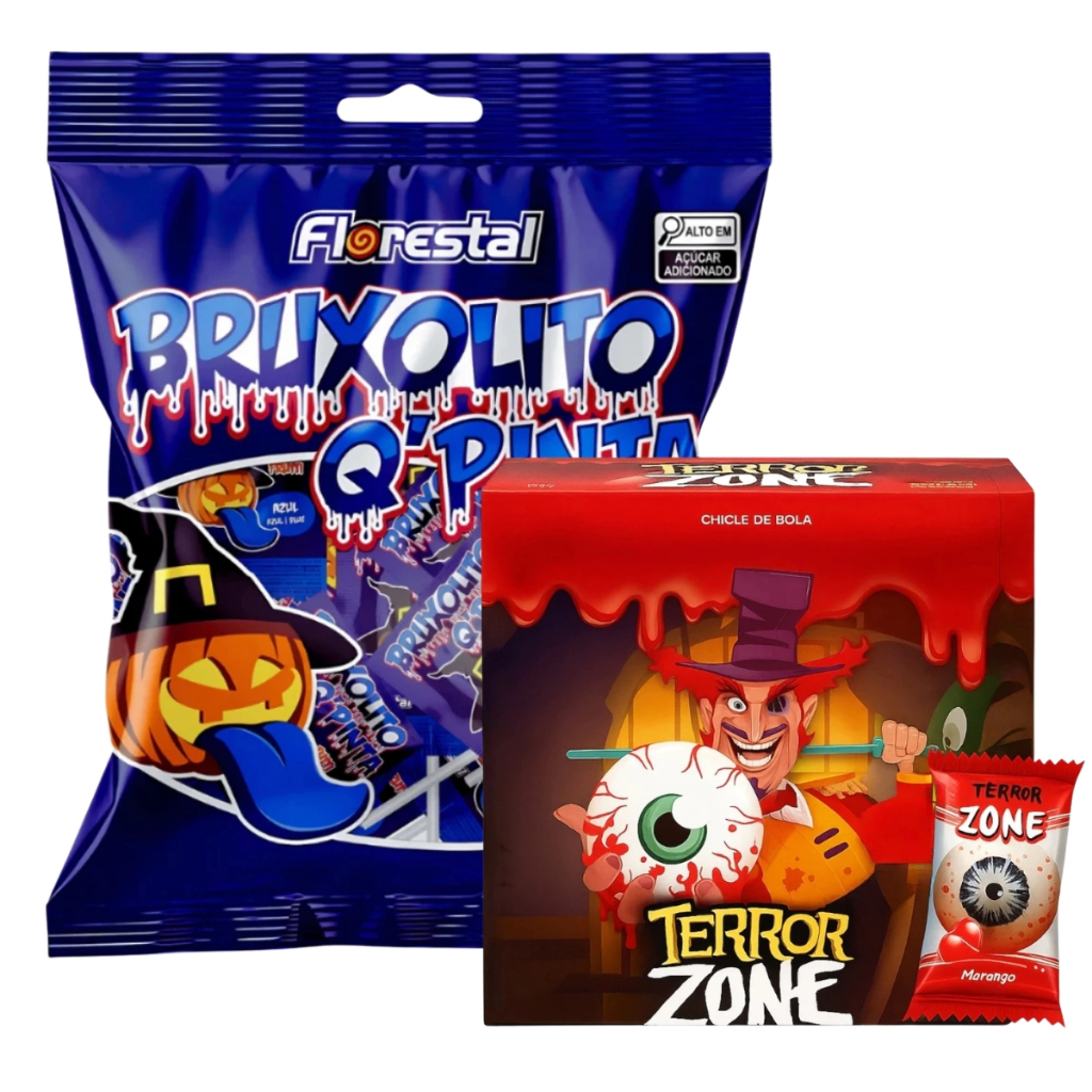 Kit Halloween Pirulito Q'Pinta + Chiclete Olhos Terror