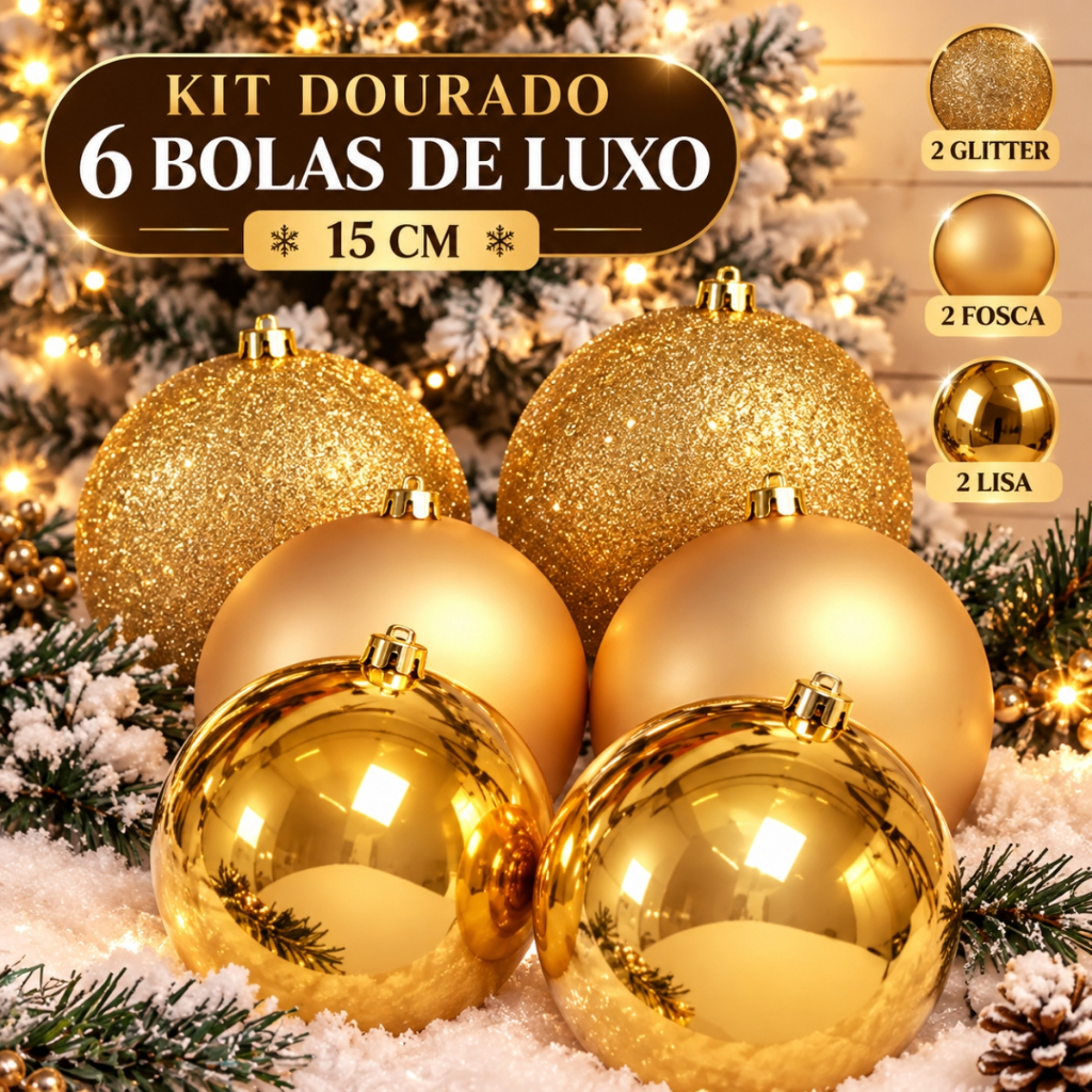 Kit 6 Bolas Luxo Douradas Natal 15cm Luxo Lisa Glitter Fosca Grande Decoração Enfeite Árvores