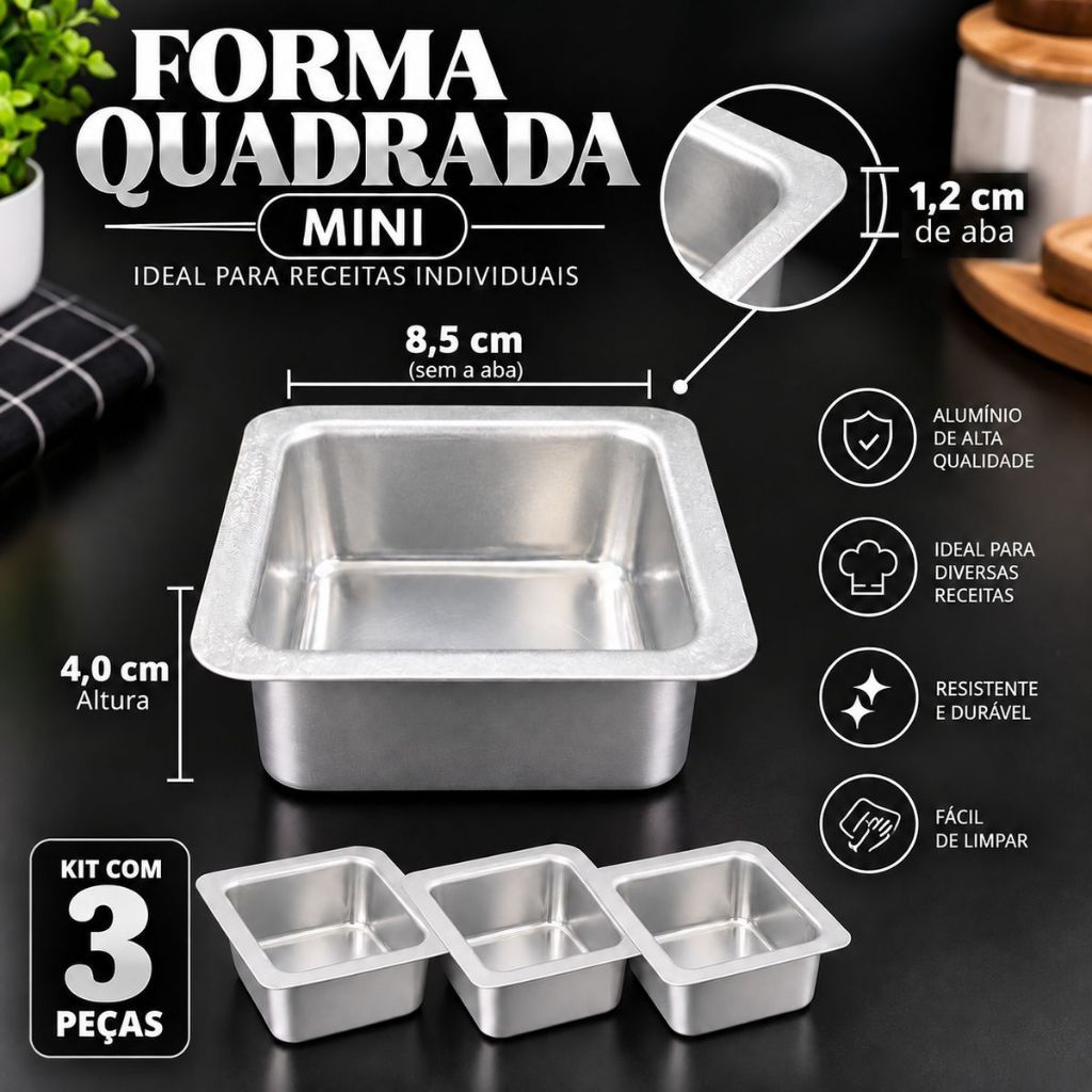 Kit 3 Mini Formas Quadradas 8,5x4cm para Bolo Brownie Caseirinhos em Alumínio Roldan — imagem 2 de 2