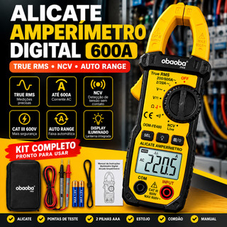 Alicate Amperímetro Digital True RMS NCV Auto Range CAT III 600V Multímetro de Garra Até 600A
