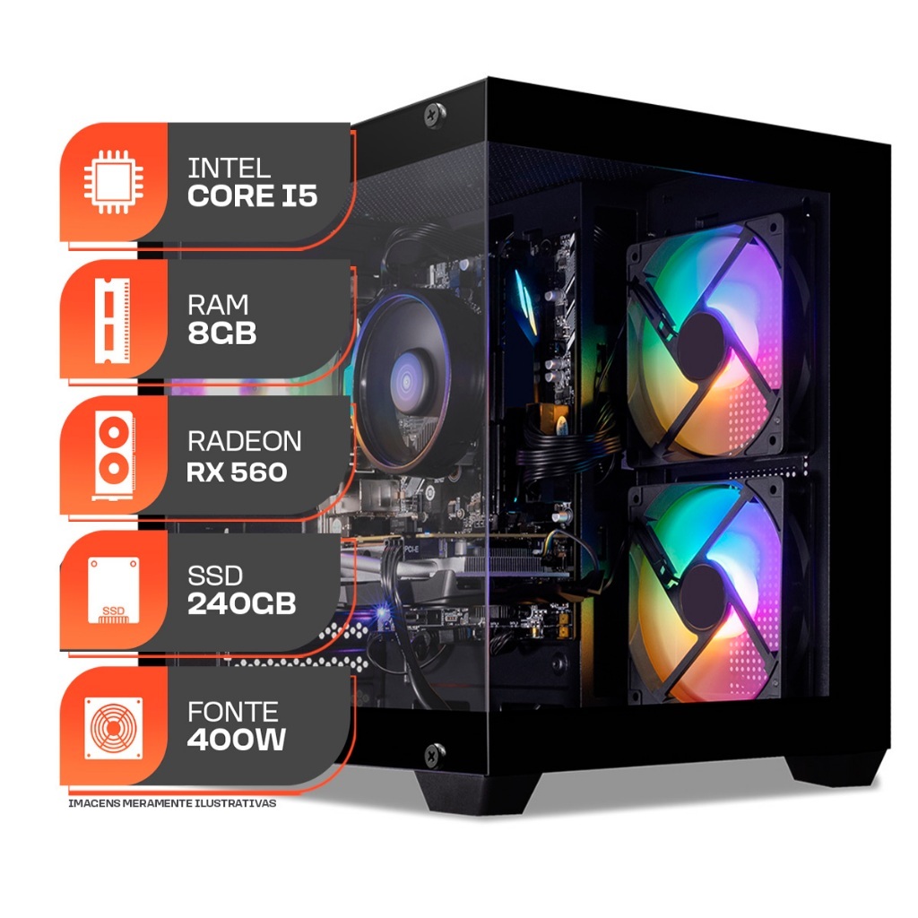 PC Gamer Forge, Intel Core i5 4ª Geração, RX 560 4GB, 8GB RAM, SSD 240GB, Fonte 400W 80 Plus