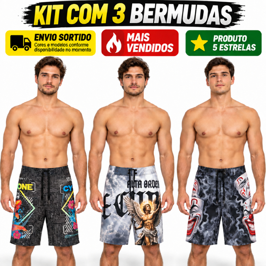 03 Shorts Masculino Elastano Modelos Incríveis Personagens