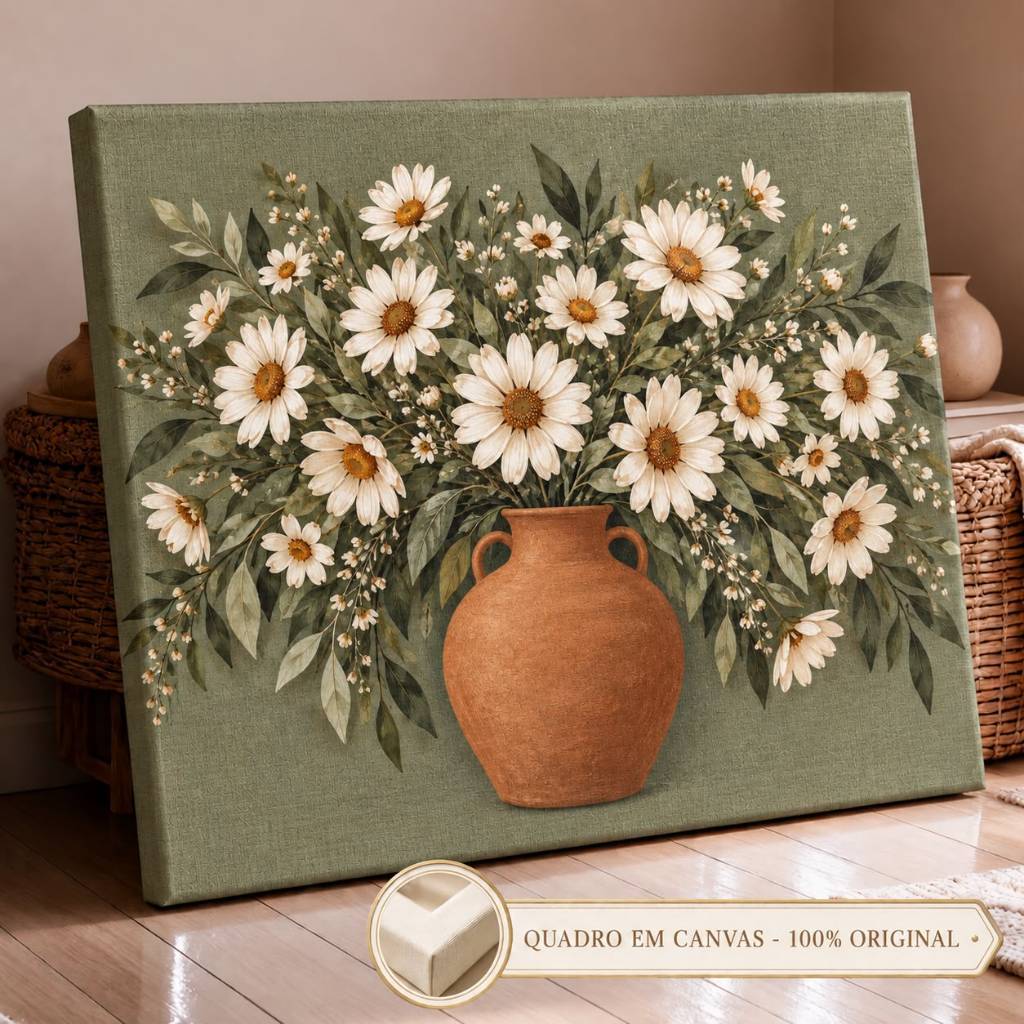 Quadro Decorativo Canvas Margaridas Brancas Flores do Campo Estilo Boho para Quarto e Escritório