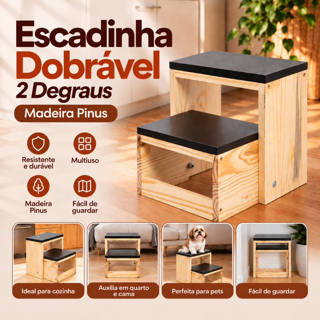 Escadinha Dobrável Multiuso Banqueta Dobravel 2 Degraus Criança Pet Adultos Idosos Banco Madeira Pinus Manicure