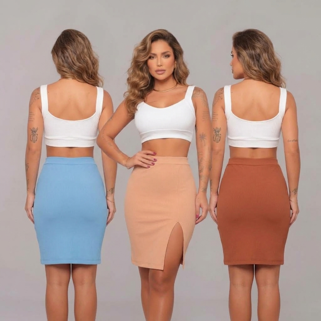 Saia Lápis Feminina Canelada Cintura Alta com Fenda Lateral Poliamida Elegante Casual