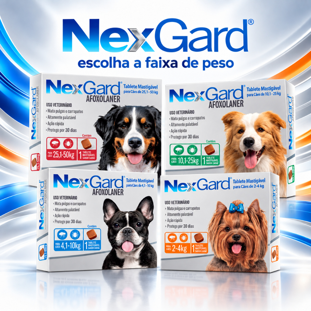 NexGard Antipulgas e Carrapatos Cães 1 Tablete Mastigável Oral Sabor Carne Original Escolha a Faixa de Peso
